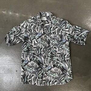 Impact Shirt Mens Large Black Tropical Floral Hawaiian Button Front Cotton